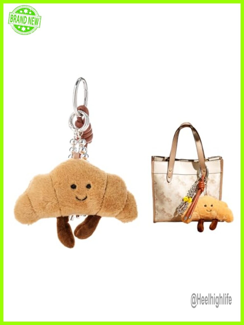 Adorable Plush Croissant Keychain Set with Smiling Face, Beaded Wristlet &
